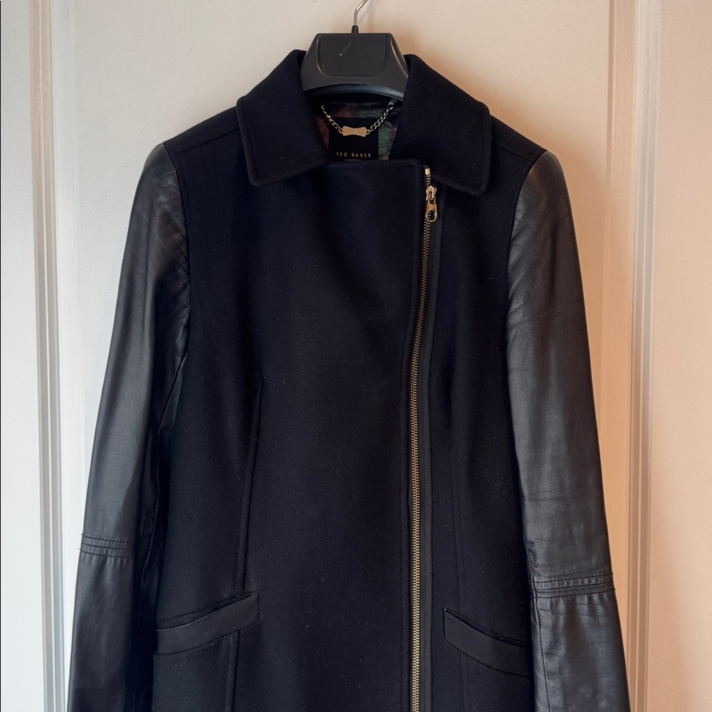 Ted Baker Alycia Black Wool Cashmere Coat with Leather Sleeves - Picture 3 of 8
